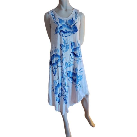 Sleeveless Seven Islands Midi Summer/Vacation Dress White Rayon Froral Front - Picture 1 of 10